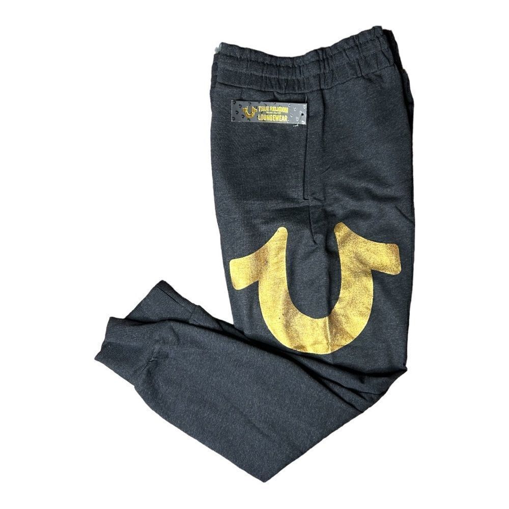 NEW True Religion Jogger Sweatpants Charcoal Grey Gold Logo Elastic Waist Mens L